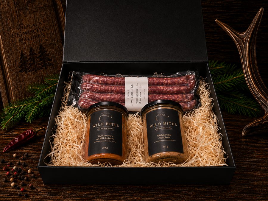 Wild Bites Geschenkbox klein mit zwei Gläsern und Pfefferbeißer