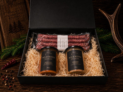 Wild Bites Geschenkbox klein mit zwei Gläsern und Pfefferbeißer