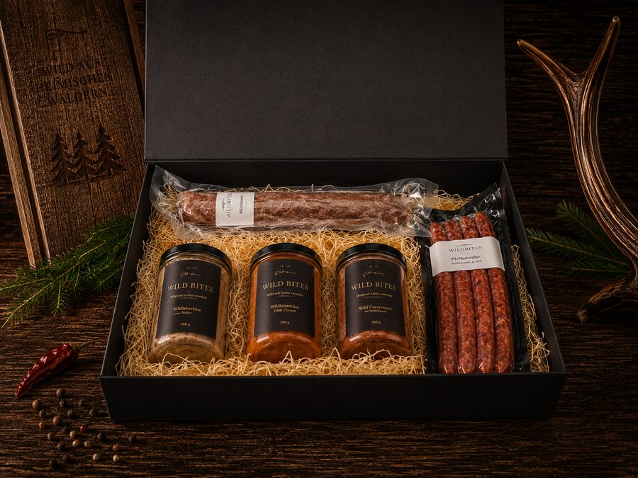 Wild Bites Geschenkbox groß mit Wildsalami, drei Gläsern und Pfefferbeißer